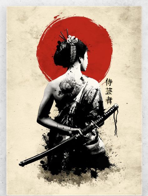 Female Samurai Tattoo, Geisha Samurai, Art Geisha, Guerriero Samurai, Samurai Girl, Japanese Art Samurai, Japanese Wall Decor, Female Samurai, Samurai Tattoo Design