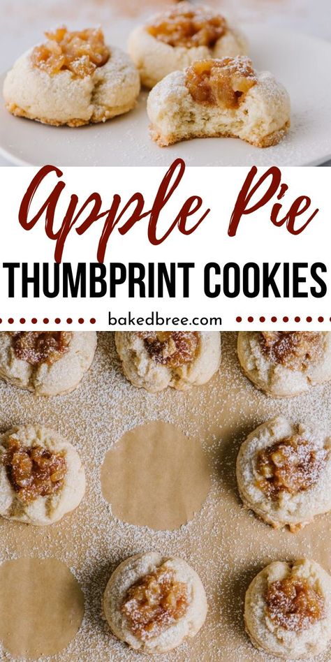 Apple Pie Thumbprint Cookies are a super easy cookie recipe to whip up for the holidays. A tender and buttery shortbread cookie filled with a spiced apple pie filling. A must make holiday cookie recipe. #cookies #applepie #easy #best #copycat #panera #holiday #Christmas #thanksgiving #dessert #recipe Stroganoff Crockpot, Caramel Apple Pie Cookies, Cookies Thumbprint, Spiced Apple Pie, Thumbprint Cookie, Easy Cookie Recipe, Almond Shortbread Cookies, Apple Pie Cookies, Homemade Apple Pie Filling