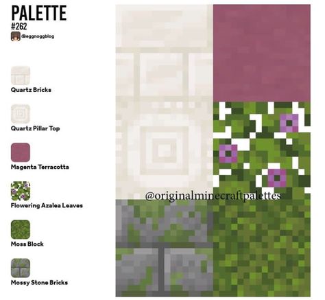 Minecraft Wood Pallets, Minecraft Block Palette Tropical, Block Pallet Ideas Minecraft Spruce, Mangrove Block Palette, Cottagecore Minecraft House Layout, Block Combos Minecraft, Minecraft Path Ideas Cottagecore, Minecraft Build Palette, Block Pallet Ideas Minecraft