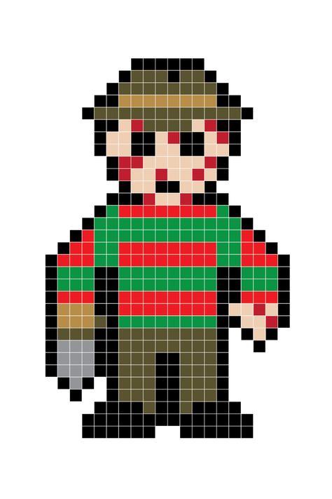 Freddy Krueger Fuse Bead Pixel Pattern #halloween #character #fusebead #perlerbead #pattern #craft #pixel #pixelart Freddy Krueger Perler Beads, Horror Ornaments, Pixel Art Horror, Pixel Macrame, Keychain Patterns, Halloween Character, Tiny Cross Stitch, Easy Pixel Art, Pixel Art Templates