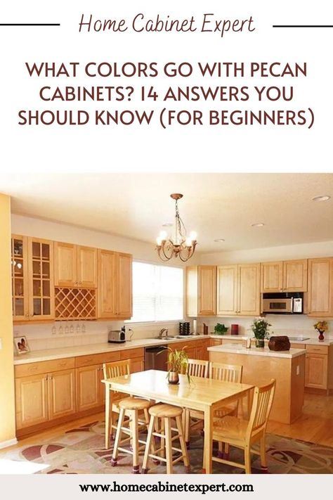 Pecan cabinets work best with the colours beige, green, and grey paint. White, grey, black, and gold-colored countertops will look stunning. Together with grey, brown, or green walls, use a white or beige backsplash. Use brushed nickel hardware, black appliances, maple and walnut flooring, or beige tiles. Pecan Cabinets, Walnut Flooring, Beige Backsplash, Matching Colours, Pecan Wood, Black Appliances, Beige Tile, Grey Paint, Best Paint Colors