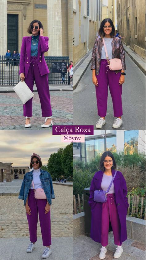 Magenta And Purple Outfit, How To Style Purple Pants, Purple Pants Outfit, Bright Colored Outfits, Winter Pants Outfit, Color Outfits, Colour Combinations Fashion, Color Blocking Outfits, Color Combinations For Clothes