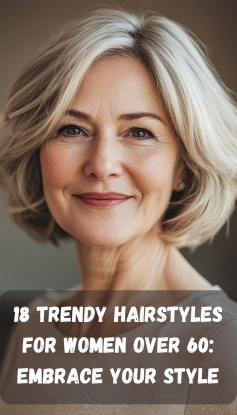 Step into your next chapter with confidence! Our selection of 18 trendy hairstyles is perfect for women over 60 looking to express their individuality. From elegant bobs to soft layers, these styles not only flatter your face but also reflect your vibrant personality. Embrace the trends that resonate with you and showcase your timeless beauty. Bobs For Over 60 Older Women, Hairstyles To Hide Saggy Jowls, 60 Hairstyles Women Over, Hairstyles 60 Year Old Women, 50 Year Old Hairstyles Medium Long Bobs, Haircuts Over 60 Over 60 Hairstyles, Hair Styles For Over 60 Aging Gracefully, Hairstyles Over 60 Older Women New Looks, Hair Styles For 60 Year Old Women