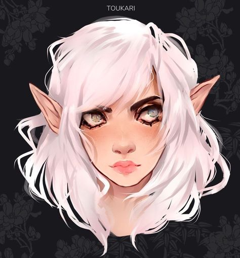 Elf Hair Drawing, Winter Elf Dnd, Elf With Short Hair, Elf Oc Girl, Elf Drawing Reference, Black Haired Elf, Pink Haired Elf, Drawing White Hair, Anime Elf Ears