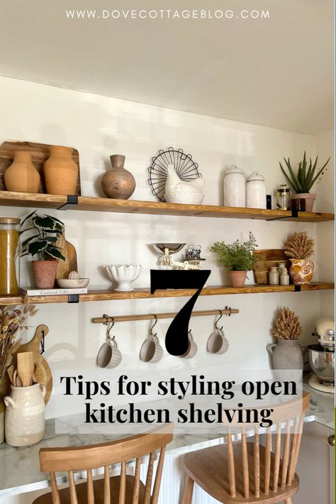 Open kitchen shelves Open Kitchen Shelf Styling, Styling Kitchen Shelves, Styling Open Kitchen Shelves, How To Decorate Kitchen Shelves, Scaffold Board Shelves, Floating Shelf Kitchen, Kitchen Shelf Styling, Kitchen Open Shelves, Berry Avenue Codes