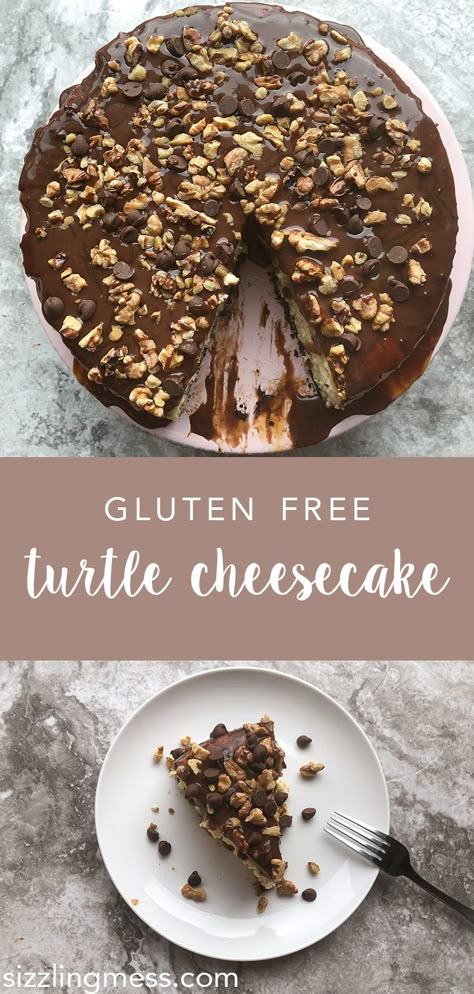 Gluten Free Turtle Cheesecake | Sizzling Mess Gluten Free Turtle Cookies, Gluten Free Turtle Cheesecake, Gluten Free Chocolate Cheesecake Recipe, Gluten Free Cheesecake Recipe, Gluten Free Cheesecake Recipes, Turtle Cheesecake Recipes, Cheesecake Caramel, Salted Caramel Chocolate Cake, Gluten Free Desserts Healthy