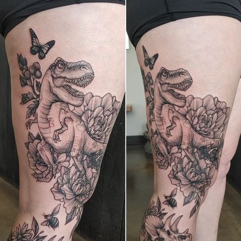 Dinosaur And Flower Tattoo, Dinosaur Tattoos For Women, Jp Tattoo, Rex Tattoo, Dino Tattoo, T Rex Tattoo, Dinosaur Tattoo, Empire Tattoo, Dinosaur Tattoos