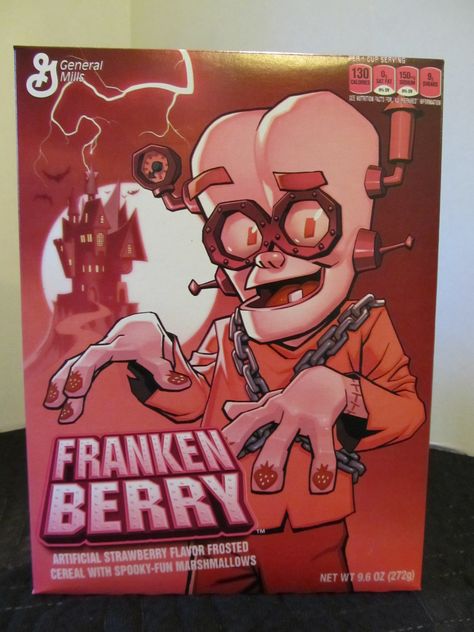 Franken Berry Cereal. (2014 Package) Franken Berry, Berry Cereal, Cereal Packaging, Cartoon Monsters, Monster Mash, Mascot Design, Baby Crafts, Creative Logo, Vintage Logo