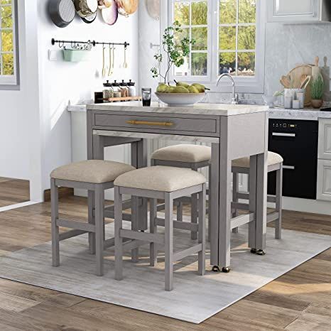 Grey 5-Piece Counter Height Table Set Off/White White Glam Transitional Rectangular Fabric Wood Finish Solid Storage Grey Dining Room Furniture, Counter Height Dining Table Set, Counter Height Table Sets, Grey Dining Room, Counter Height Dining Table, Counter Height Table, Counter Height Dining Sets, Wood Counter, Functional Space