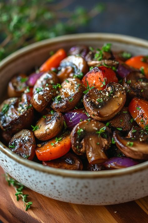 Sautéed mushrooms, carrots, and onions garnished with herbs in a ceramic bowl. Mushroom Meals, New Dinner Ideas, Mushroom Dishes, Portobello Mushroom Burger, Mushroom Omelette, Mushroom Quiche, Mushroom Stir Fry, New Dinner, Mushroom Stroganoff