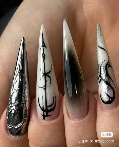 Neotribal Nails, Sigil Nails, Gothic Acrylic Nail Designs, Skyrim Nails, Sleep Token Nails, Berserk Nails, Nail Art Designs Stiletto, Satanic Nails, Goth Stiletto Nails