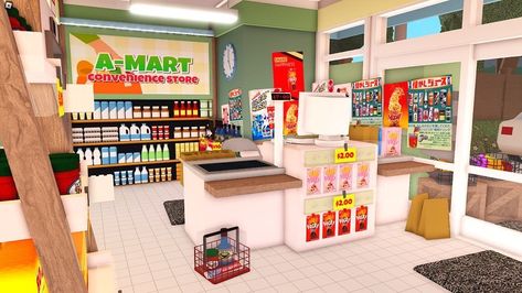 Bloxburg Grocery Store Ideas, Convenience Store Interior, Preppy House, Blocksburg Room Ideas￼, Free House Design, Bloxburg Decals Codes Wallpaper, Town Building, House Decorating Ideas Apartments, City Layout