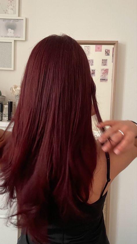 cherry red long hair⭐️ Dark Red Hair Layers, Hair Layers Wavy, Long Dark Red Hair, Red Hair Layers, Red Long Hair, Red Hairstyles, Cherry Red Hair, Hair Layers, Dark Red Hair