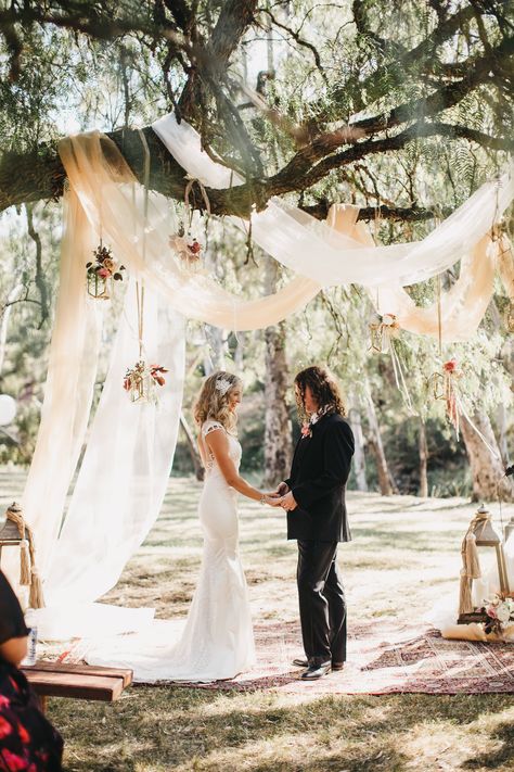 Lauren & Dan | Poppy Culture Hanging Lanterns Wedding, Wedding Cermony, Backyard Wedding Decorations, Lantern Wedding, Romantic Wedding Ceremony, Draping Fabric, Wedding Lanterns, Mornington Peninsula, Melbourne Wedding