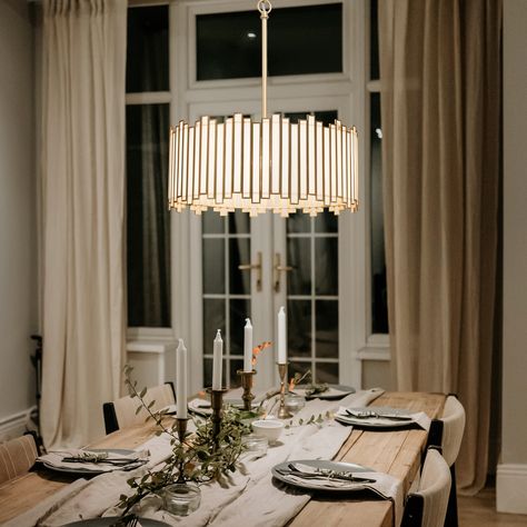 Lights In Bedroom, Modern Chandelier Dining, Gold Dining, Dining Room Light Fixtures, Modern Glam, Drum Chandelier, Dining Living Room, Gold Chandelier, Dining Room Chandelier