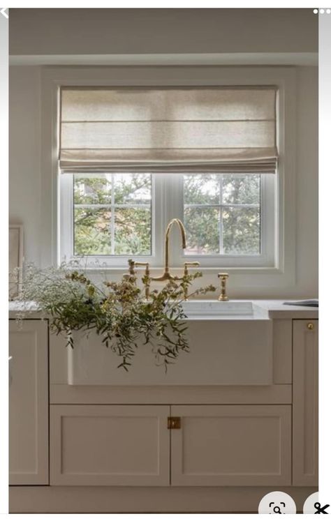 Roman Blinds Kitchen, Roman Shades Kitchen, Unlaquered Brass, Contemporary Window, Linen Roman Shades, Classic Window, Pantry Remodel, Beige Kitchen, Antique Finds