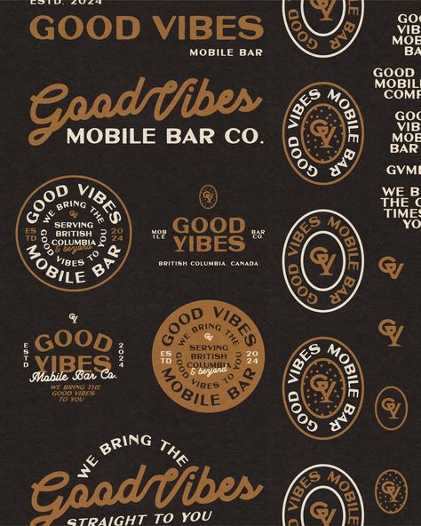 We bring the good vibes to you 🍻⁠ ⁠ Really fun project for @good.vibesbartending bringing an old school feel to their new branding. ⁠ ⁠ 🤝⁠ #logo #logotype #typography #branding #brandidentity #branddesign #graphicdesign #brandinspiration #logodesigner #logomark #brandmark #badgedesign #designbrew #distressedunrest #retrologohunt Speakeasy Branding, Camp Merch, Rustic Branding, Business Merch, Classic Lettering, Old School Logo, Letter Illustration, Coffee Shop Branding, Italian Bar