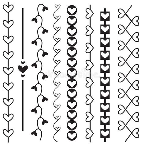 Border On Black Paper, Vertical Border Design, Vertical Design Drawing, Romantic Border Design, Heart Border Design, Bullet Journal Dividers, Valentine Vector, Romantic Scrapbook, Doodle Borders