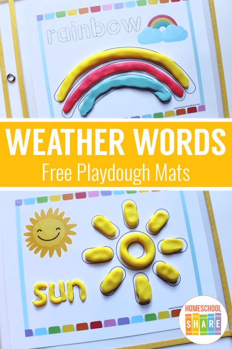 Free Weather Playdough Mats - Homeschool Share Weather Playdough, Weather Crafts Preschool, Preschool Playdough Mats, Preschool Playdough, Play Doh Mats, Weather For Kids, Weather Activities Preschool, Weather Activities For Kids, Learning Weather