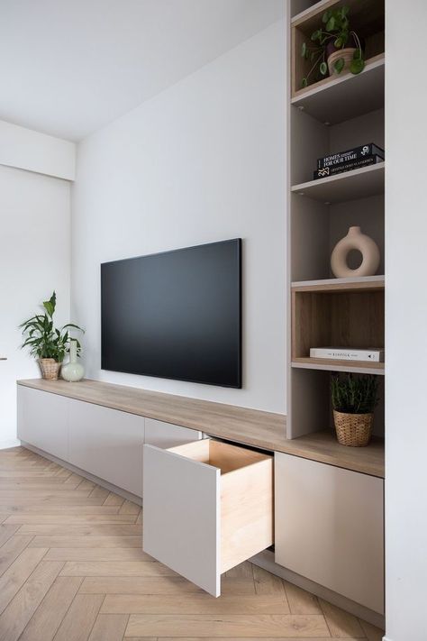 Tv Unit Storage Ideas, Tv Wall Design 2024, Ikea Tv Unit Ideas, Built In Entertainment Unit, Wall Trends 2023, Wall Trends, Built In Shelves Living Room, Living Room Built Ins, Ikea Living Room