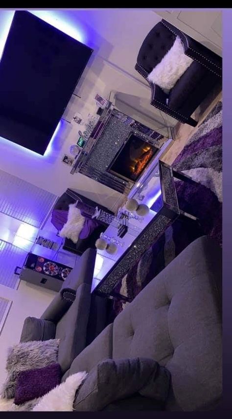 Black Grey And Lavender Living Room, Living Room Decor Baddie, Grey And White House Decor, Apartment Decorating Y2k, Black And Purple Apartment Decor, Living Room Designs Led Lights, Women Living Room Ideas, Dream Apartment Decor Living Room, Baddie Apartment Ideas Living Room