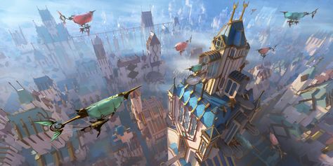 ArtStation - Legends Of Runeterra - Piltover Airship Station Concept Art Tutorial, Landscape Concept, Fantasy City, Fantasy Places, Matte Painting, Landscape Scenery, Fantasy Art Landscapes, Fantasy Concept Art, 판타지 아트