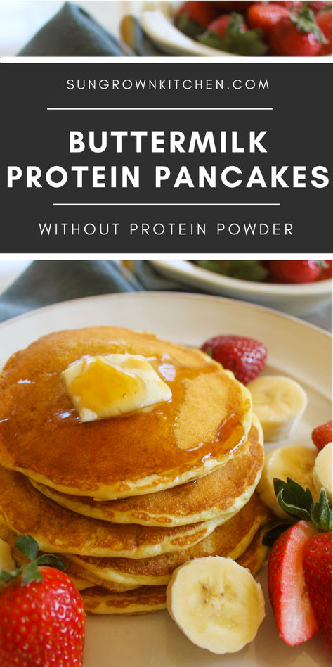 Pancakes with butter, syrup, strawberries and banana slices. Buttermilk Protein Pancakes, Buttermilk Pancake Recipe, Protein Pancakes Recipe, Best Whey Protein Powder, Protein Powder Pancakes, Kids Pancakes, High Protein Flour, Buttermilk Pancake, High Protein Pancakes