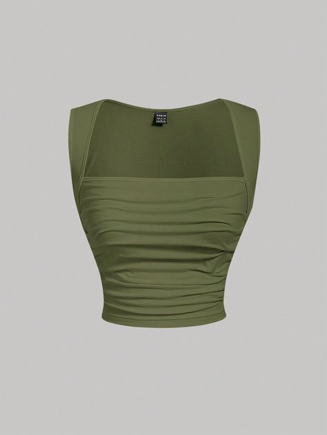 Army Green Casual Collar  Knitted Fabric Plain Tank Embellished Medium Stretch  Women Clothing Cute Square Neck Tops, Shein Green Top, Tops Verdes, Powerpuff Girls Costume, Ruched Tank Top, Top Verde, Spring Summer Capsule Wardrobe, Polished Casual, Best Friend Outfits