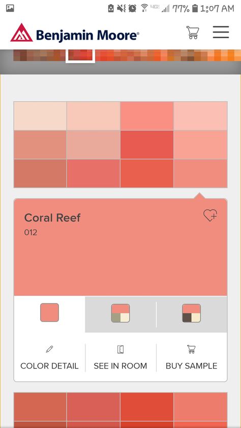 Coral Reef Benjamin Moore, Coral Gables Benjamin Moore, Benjamin Moore Coral Colors, Dishy Coral, Coral Color Palette, Coral Paint Colors, Mom Bathroom, Coral Reef Color, Benjamin Moore Paint Colors