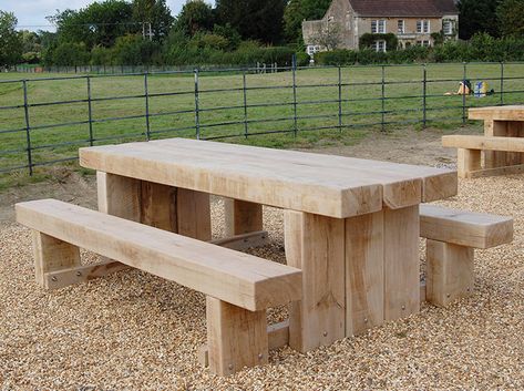 Green Oak Garden Furniture | Street Furniture | 3D Oak Limited Essex Oak Sleeper Table, Wood Picnic Table, Sleepers In Garden, Oak Sleepers, Picnic Table Bench, Oak Framed Buildings, Pallet Garden Furniture, Picnic Bench, Garden Table And Chairs