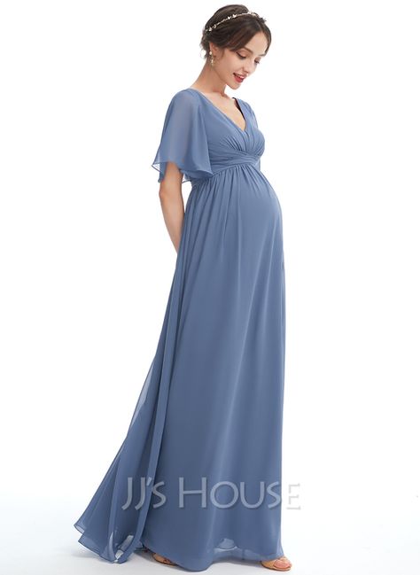 A-Line V-neck Floor-Length Bridesmaid Dress With Ruffle (007257445) - JJ's House Pregnant Bridesmaid Dress, Elegant Maternity Dresses, Pregnant Bridesmaid, Short Sleeve Bridesmaid Dress, Princess Bridesmaid Dress, Maternity Bridesmaid Dresses, Sleeveless Bridesmaid Dresses, Fabric Embellishment, Ruffle Fabric