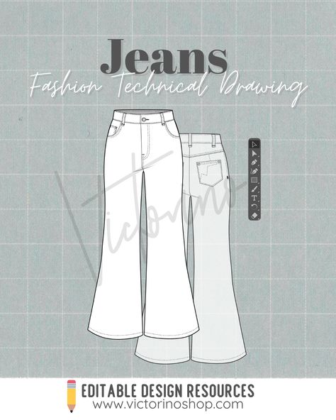 ✏️ Fashion Technical Drawing of Flare Jeans for Casual Style This technical drawing of flare jeans reflects a casual style with a retro touch. Ideal for those seeking a relaxed yet fashionable look, perfect for any casual occasion. #technicalDrawing #flareJeans #casualStyle #retroFashion #fashionInspiration #fashionArt #casualOutfit #relaxedFashion --------- ✏️ Dibujo Técnico de Moda de Jeans trompeta (acampanado) para Estilo Casual Pants Technical Drawing, Denim Skirt Technical Drawing, Denim Jacket Tech Pack, Denim Pants Technical Drawing, Pants Technical Drawing Women, Tech Pack, Clothing Mockup, Curated Design, Technical Drawing