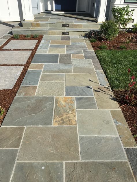 Walkway Tiles Pathways, Outdoor Flooring Design, Flagstone Sidewalk Ideas, Flagstone Entryway Front Entrances, Slate Pavers Walkways, Tile Walkways To Front Door, Blue Stone Walkways To Front Door, Flagstone Patio Design Ideas, Bluestone Walkway To Front Door