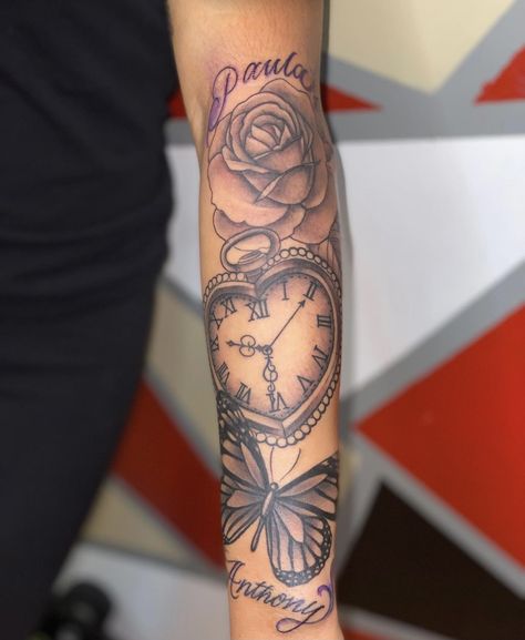 Sleeve Tattoos For Women Lower Arm, Forearm Tattoo Women Loved Ones, Rose Clock And Butterfly Tattoo, Heart Time Clock Tattoo, Lower Arm Tattoos For Women Sleeve, Womens Lower Arm Tattoos, Rose Clock Butterfly Tattoo, Half Sleeve Lower Arm Tattoos For Women, Butterfly And Clock Tattoo