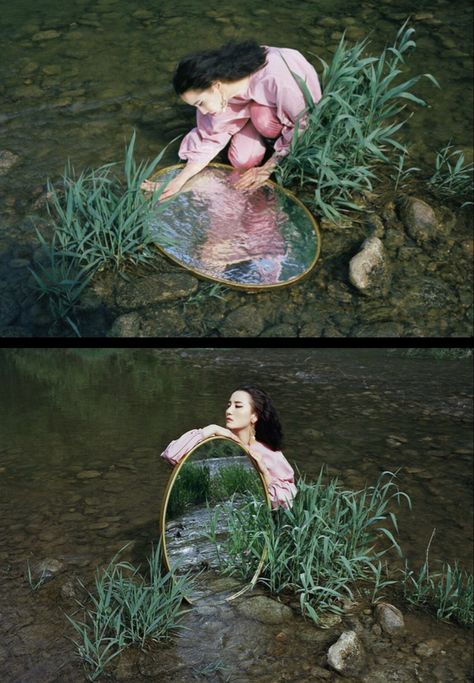 Flower Water Photoshoot, Mirror Outdoor Photography, Narcissus Photoshoot, Water Mirror Photoshoot, Photoshoot With Mirror Outside, Photoshoot With Mirrors, Garden Of Eden Photoshoot, Outdoor Mirror Photoshoot, Pond Photoshoot