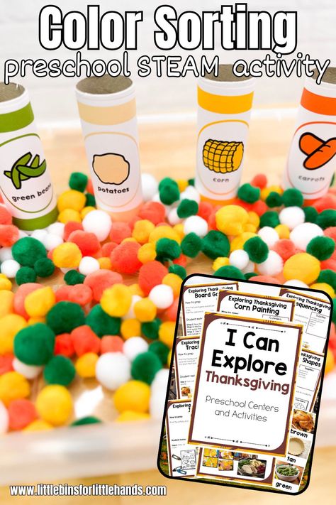 Thanksgiving Sorting Colors Activity for Preschool - Little Bins for Little Hands Harvest Themed Activities For Preschool, Fall Sorting Activities Preschool, Harvest Curriculum Preschool, Thanksgiving Sorting Preschool, Sort And Classify Preschool, Color Sorting Preschool, Thanksgiving Lesson Plans, Pilgrim Crafts, Corn Painting