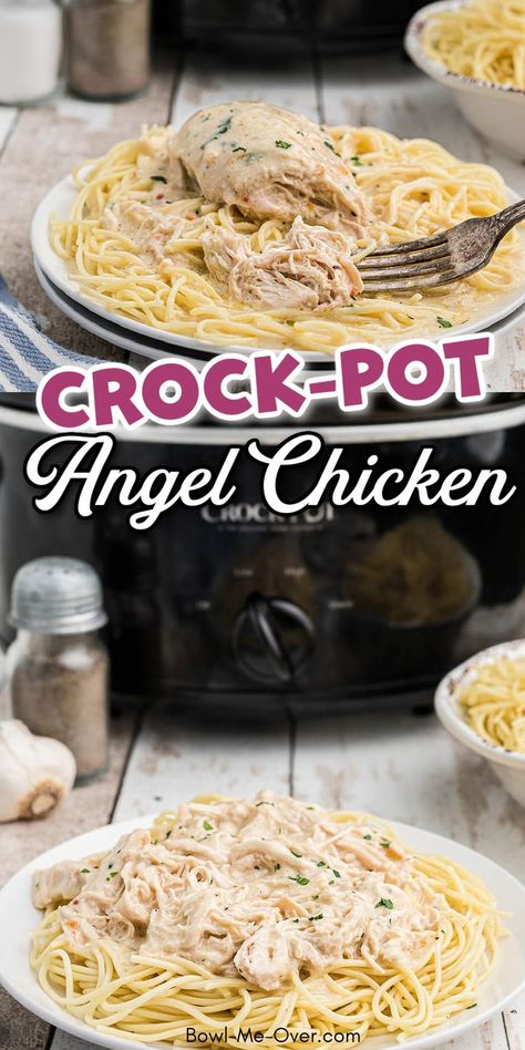 Crockpot with plates of spaghetti with creamy chicken with Pinterest overlay. Best Shredded Chicken Recipes, Angel Chicken Recipe, Best Shredded Chicken, Angel Chicken Pasta, Angel Chicken, Slow Cooker Pork Tenderloin, Slow Cooker Shredded Chicken, Crockpot Pasta, Chicken Crockpot Recipes Easy