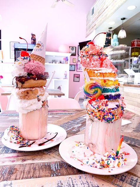 Colossal milkshakes from K and J's Elegant Pastries near Birmingham, AL. Birthday cake milkshake and Donut milkshake. Donut Milkshake, Elegant Pastries, Pastries Aesthetic, Birthday Cake Milkshake, Cake Milkshake, Ice Cream Sundaes, Toffee Cookies, Colorful Desserts, Ice Cream Cookie Sandwich