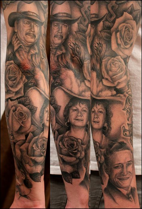 This is a magnificent family portrait sleeve done in an "old western" theme. JUSTE SPLENDIDE!!! Western Theme Leg Sleeve, Old Western Tattoo Sleeve, Family Portrait Tattoo Sleeve, Calf Portrait Tattoo, Leg Portrait Tattoo, Grandma Portrait Tattoo, Shawn Barber, Mom Baby Tattoo, Portrait Tattoo Sleeve