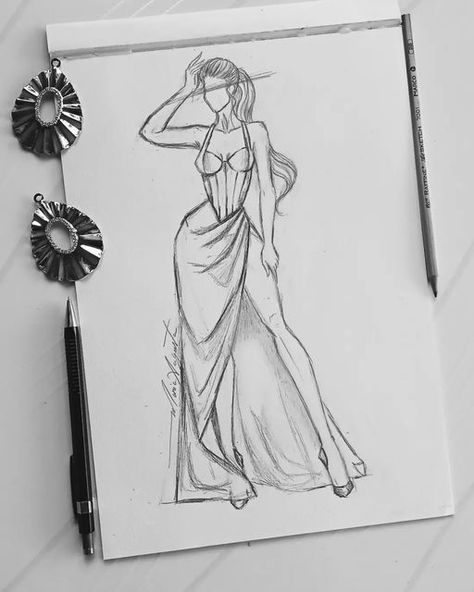 Dresses Art Drawing, Girl In Dress Drawing, Fashion Dresses Drawing Sketches, Dresses To Draw, Drawings Aesthetic Ideas, Dress Sketches Design, Dress Drawing Ideas, Dresses Drawing, Design A Dress