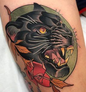 Panther Tattoos: Meanings, Tattoo Designs & Ideas Panther Tattoo Meaning, Traditional Panther Tattoo, Traditional Tattoo Man, Black Panther Tattoo, Tato Tradisional, Neotraditional Tattoo, Panther Tattoo, Tattoo Flash Sheet, Tatuaje A Color