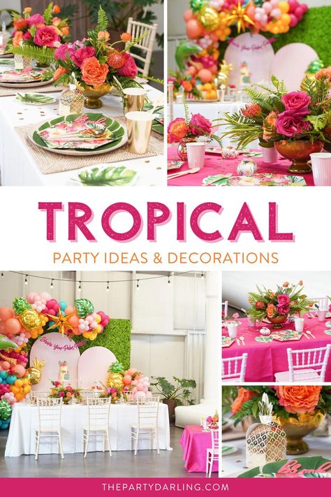 tropical party supplies and decorations for a tropical summer party Tropical Party Ideas, Flamingo Decorations, Flamingo Plates, Hawaiian Luau Party Decorations, Pineapple Balloons, Flamingo Balloons, Cat Themed Parties, Luau Party Supplies, Tropical Birthday Party