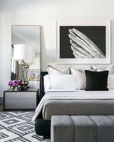 36 BLACK AND WHITE BEDROOMS THAT ARE THE PEAK OF CHIC - Monochromatic looks that are anything but boring. BY KARA LADD White And Black Bedroom, Black White And Grey Bedroom, Black White And Gold Bedroom, White Gray Bedroom, Black And Silver Bedroom, Black And Grey Bedroom, Black White Bedrooms, Silver Bedroom, White Bedroom Design