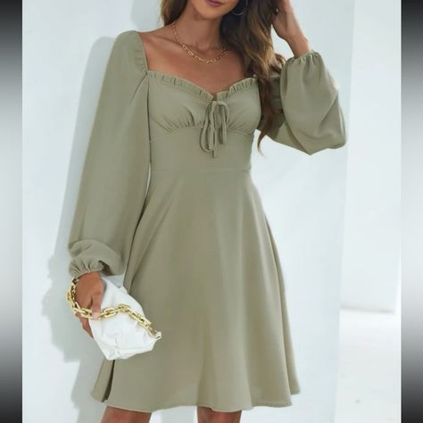 This Short Dress Is Flowy From Sleeves And Down The Waist (Never Worn) Sage Green Dress Long Sleeve, Sage Green Dresses Short, Pastel Green Dress Outfit, Light Green Dress Casual, Sage Green Flowy Dress, Sage Green Dress Casual, Sage Green Dress Short, Light Green Dress Outfit, Sage Green Long Sleeve Dress