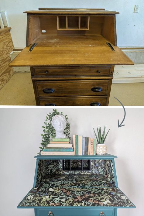 Stunning Secretary Desk Makeover with Bold Paint and Wallpaper Boho Secretary Desk, Painted Vintage Desk, Desk Refurbish Ideas, Wallpapered Desk, Refurbished Secretary Desk, Roll Top Desk Makeover Ideas, Diy Secretary Desk, Painted Secretary Desk Ideas, Old Desk Makeover Diy