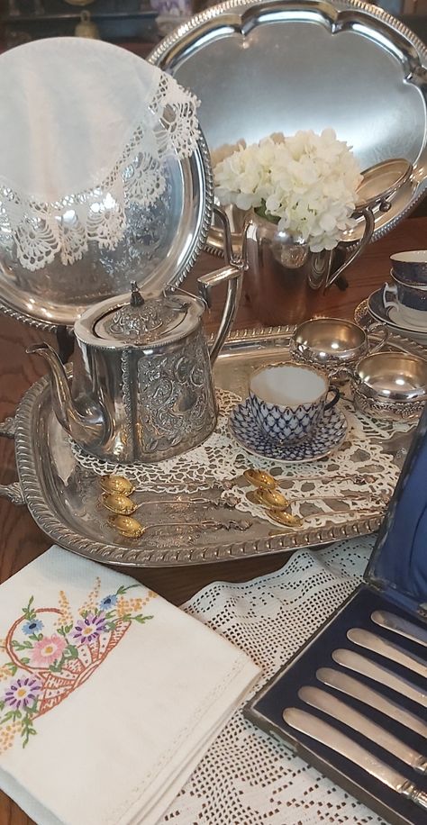 This is my latest display on my YouTube Channel where I post videos of all my displays. Come find me there! Don't forget to follow for updates :) #tea #party #high #teapot #vintage #antiques #collectibles #coffee #spoons #embroidery #lace #gold #plate #silverplate #silver #tray #service #set #edwardian #lomonosov Silver Tea Service, Come Find Me, Teapot Vintage, High Tea Party, Coffee Spoons, Silver Tea, Embroidery Lace, Tea Service, High Tea