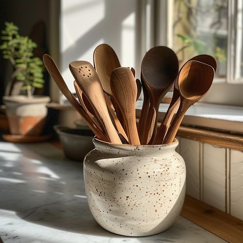 "Warm Kitchen Aesthetics: Sunlight filters through a window, casting a warm glow on a #ceramic utensil holder and #wooden #spoons. #kitchen #utensils #interiordesign #homedecor #sunlight #aiart #aiphoto #stockcake ⬇️ Download and 📝 Prompt 👉 https://stockcake.com/i/warm-kitchen-aesthetics_350685_281070". Aesthetic Utensil Holder, Ceramic Spoon Holder, Wooden Spoon Holder, Ceramic Utensil Holder, Turquoise Kitchen, Warm Kitchen, Kitchen Aesthetics, Through A Window, Wooden Kitchen Utensils