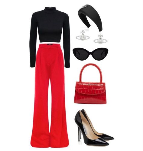 Red Wide Leg Trousers Outfit, Palazzo Rojo Outfit, Red And Black Outfits For Women Classy, Black And Red Outfit Casual, Red Palazzo Pants Outfit, Red And Black Outfits For Women, Black And Red Outfit Classy, Red Trousers Outfit Classy, Red Black White Outfit