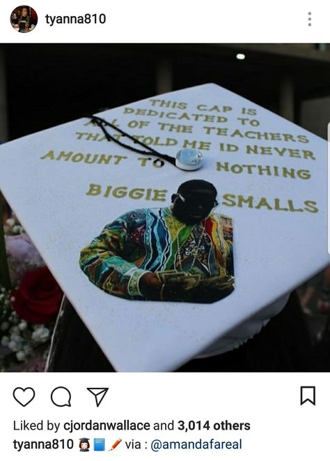 Biggie inspired graduation cap Rap Graduation Cap, Funny Graduation Cap Decoration, College Collage, Funny Graduation Caps, Grad Cap Decorated, Graduation Cap Decoration Diy, High School Graduation Cap, Grad Cap Designs, Grad Caps