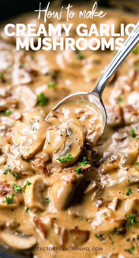 Creamy garlic mushrooms with bacon the perfect side dish. Done in less than 15 minutes and great with dinner. Visit thetortillachannel.com for the full recipe #thetortillachannel #creamymushrooms #creamygarlicmushrooms #mushroomswithbacon #sidedish Garlic Mushroom Sauce, Easy Mushroom Recipes, Garlic Mushrooms Recipes, Vegetarian Eating, Mushroom Side Dishes, Creamy Garlic Mushrooms, Garlic Mushrooms, Mushroom Gravy, Chicken Dinners